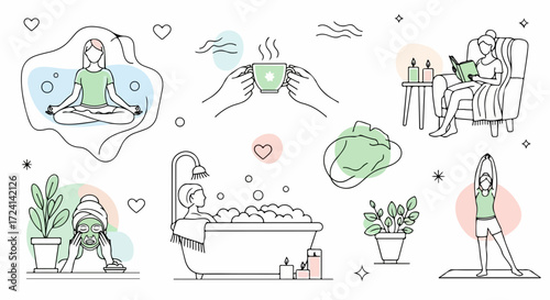 Taking care for yourself with self-care day icons displaying relaxation time, enjoying time at home. Time for self-care includes yoga practice and reading a book with a cup of coffee.