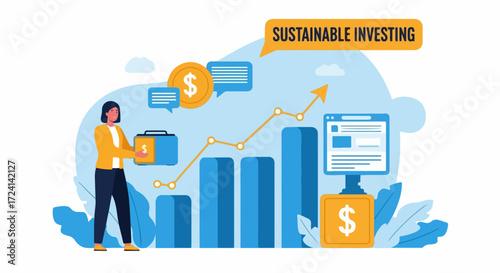 Sustainable investing shown with a woman holding a briefcase near an ascending chart, indicating financial growth. Sustainable investing is symbolized through rising bars and dollar coins,