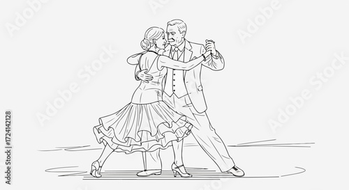 Tango dance illustration features tango dancers in elegant pose. Couple performs tango, captured in intricate line art with graceful figures and refined details.