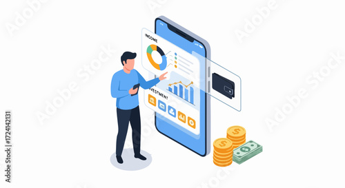Isometric finance analysis shows businessman analyzing financial data using modern technology. Isometric finance analysis includes charts, graphs, and currency, all for business insights.