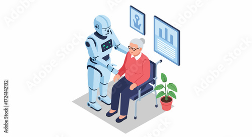 Robot assistance for elderly woman in wheelchair, showing compassionate ai. Robot gently comforts elderly woman, offering technological advancements. Embrace concept robot assistance,