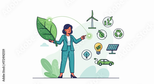 Illustration of green energy, woman presenting leaf icon, green energy concept for sustainable solutions. Woman in formal attire presenting ideas on green energy for clean future,