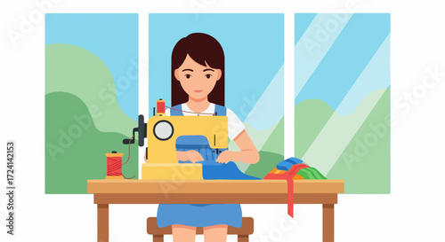 Depiction of a sewing hobby with woman sewing at table using sewing machine. Sewing hobby involves focus and precision, depicted with thread spools and colorful fabrics.