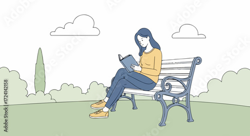 Woman reading book on park bench depicts tranquility and escape into literature. Reading book provides relaxation for young woman, she is reading in quiet nature setting with tree and clouds.