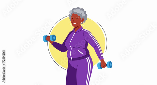 Active senior woman lifting dumbbells. Senior woman enjoying fitness routine with lightweight dumbbells for strength training. Promote active senior living: this senior woman embodies healthy aging,