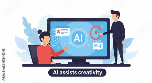 AI assists creativity with collaboration shown on large screen, person assisting process with ai technology. AI assists creativity for innovative project, connecting people and systems,