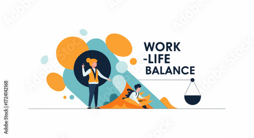 Work-life balance requires juggling and prioritization, depicted with balance scale and people. Work-life balance depends on finding harmony between career goals, personal well-being,