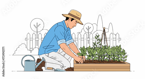 Gardening work depicted as man cultivates plants in raised bed, showing careful gardening work. Gardening work includes preparing soil, planting seeds, and ensuring proper growth.