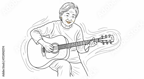 Mature woman playing guitar, enjoying music and creating melodies. Woman playing guitar fills air with delightful harmony and evokes joy, showcasing passion for her instrument.