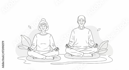 Senior couple meditation depicted with woman and man in lotus position on white backdrop. Senior couple meditation involves mindfulness and conscious breathing,