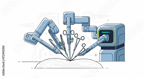 Robotic surgery illustration shows surgical instruments performing operation on skin. Robotic surgery allows precise and minimally invasive procedures for surgeons.