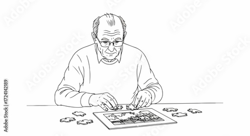 Solving puzzle at table is enjoyable pastime for seniors, as illustrated in this line drawing of retired man solving puzzle. Man focused on complex task, piece by piece,