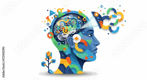 Creative thinking illustrated with stylized human head in vivid colors on white background. Creative thinking reveals geometric forms and swirling patterns, blending artistry with symbolic thought.