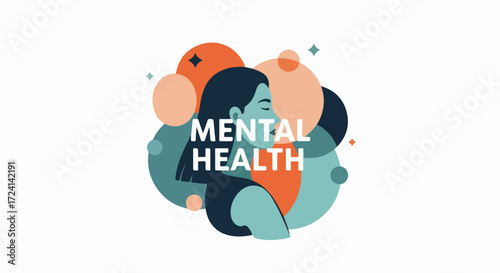 Mental health matters shown in vector design with abstract female figure and text, mental health awareness illustration for social wellbeing promotion.