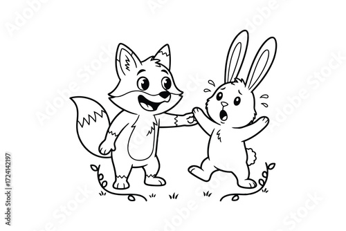Humorous line art of a fox surprising a rabbit creating a funny situation