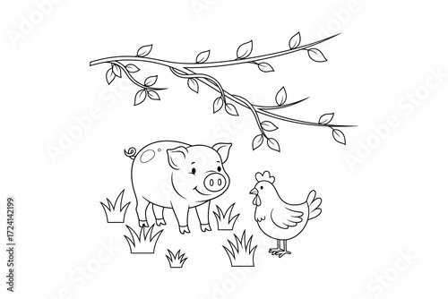 Cute Farm Animals Pig and Chicken with Tree Branch Black and White Illustration