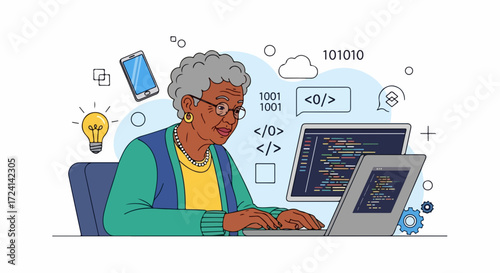 Elderly woman coding on laptop surrounded by app icons represents senior developer. Senior developer writes code. Concept of senior developer for tech blogs and social media, showing inclusivity,