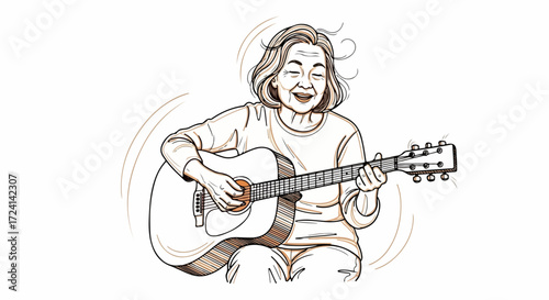 Smiling woman playing guitar, energetic senior strumming chords. Positive senior woman playing guitar with expressive musical enjoyment and infectious laughter.