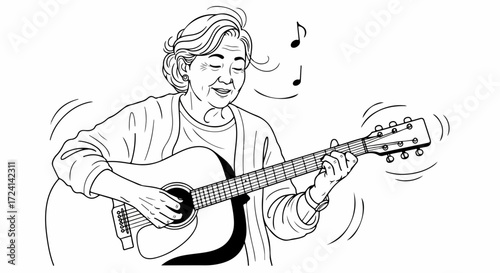 Playing guitar with passion depicted in a black and white line art illustration. Playing guitar allows elderly woman to express creativity and find relaxation, as music fills air.