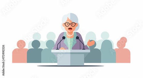 Woman giving speech from podium with microphone in front of an audience. Speech is public declaration before gathered crowd, elderly lady sharing opinion. Great speech for communication, media,