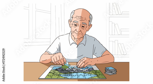 Solving jigsaw puzzle is pleasant hobby for elderly man at home. Playing jigsaw puzzle requires concentration and improves cognitive skills, helping to prevent memory loss in seniors.