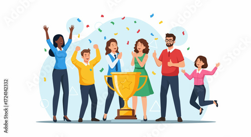 Team celebrating success with golden trophy and confetti against white background. Team celebrating win embodies unity and teamwork, reflecting shared goals, recognition and positive reinforcement,