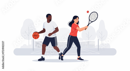 Basketball tennis athletes performing individual sport exercises. Basketball tennis sport involves healthy lifestyle activities and physical exercise.