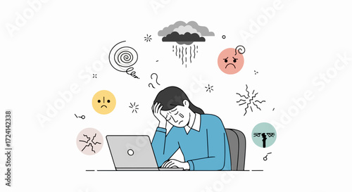 Overwhelmed woman feeling stress while using laptop for work, dealing with mental health issues. Overwhelmed woman is depicted with symbolic icons around her, representing anxiety and pressure,
