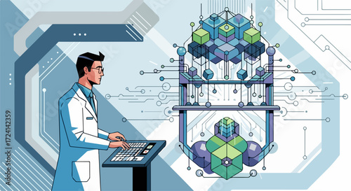 Scientist working on technology illustrates scientist working on technology, featuring a man in lab coat operating advanced computer system. Scientist working on technology emphasizes data processing,