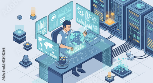 The man is working in a server room at a computer, surrounded by monitors.