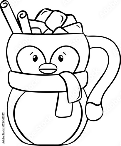 funny New Year's mug in the shape of a penguin, cocoa with marshmallows and cinnamon, cozy Christmas drink, simple vector black and white icon, doodle and sketch style