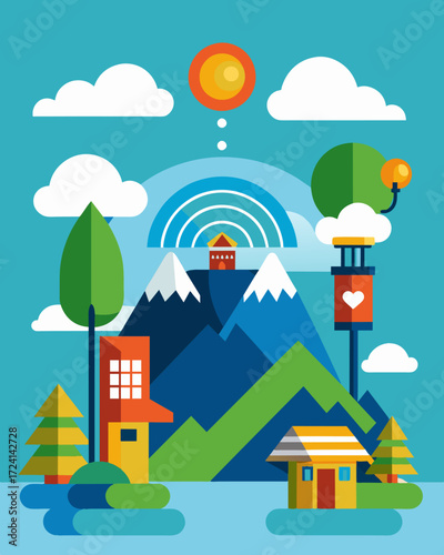 A popular tourist destination such as a historical site or landmark installs solarpowered WiFi hotspots to enhance the visitor experience and promote sustainable tourism.. Vector illustration