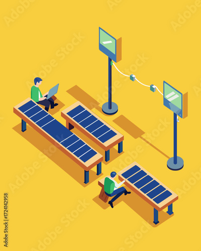 A series of benches with solarpowered USB charging ports allowing individuals to rest while also staying connected and charged up.. Vector illustration