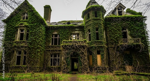 Overgrown mansion in decay captured in an eerie setting of neglect