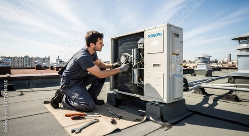 Man is repairing rooftop air conditioning unit. Technician performing hvac maintenance service on a commercial building roof. AC repair job on a warm day.