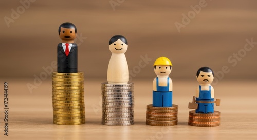 Wooden figures stand on different stacks of coins representing social inequality.