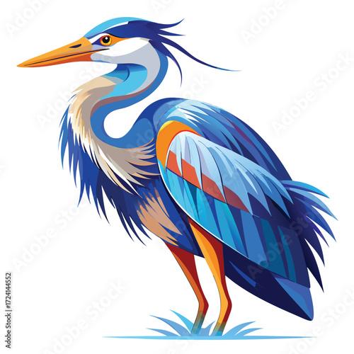 Vibrant Geometric Blue Heron Vector Illustration for Aquatic Wildlife, Dynamic Mascot Design, and Nature Branding, Isolated on White Background.

