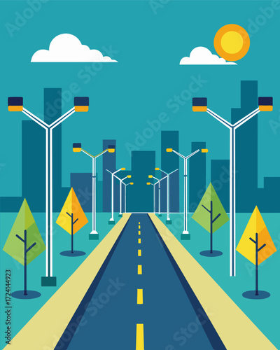 A street lined with solarpowered streetlights each connected to a central smart grid for efficient energy distribution.. Vector illustration