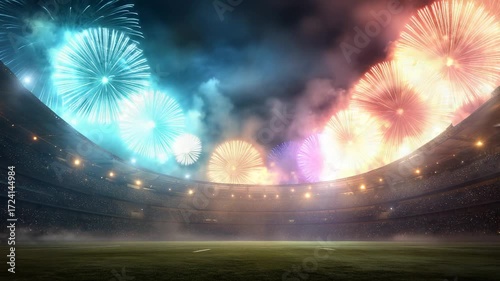 Fireworks light up the night sky above the stadium, with fireworks filling the air. The stadium glows under the fireworks, creating an energetic and festive atmosphere.
