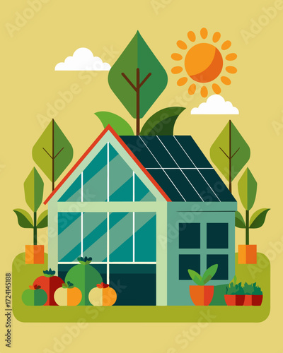 A quaint village greenhouse harnesses solar energy providing a source of income for the community through the sale of their organicallygrown fruits and vegetables.. Vector illustration