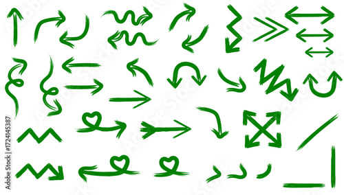 A collection of various green hand-drawn arrow icons and symbols on a white background.