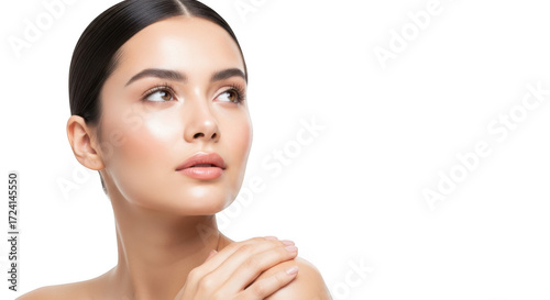 A woman with smooth, glowing skin and dark hair, looking thoughtfully to the side isolated on transparent background