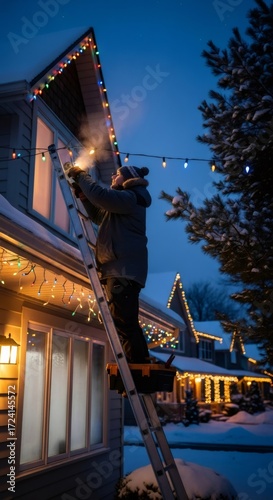 Man on ladder installing Christmas lights on house in winter night. Holiday decoration and maintenance concept for festive season.