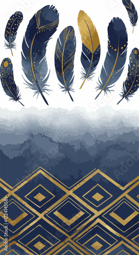 Elegant blue and gold feathers floating above a geometric pattern watercolor design