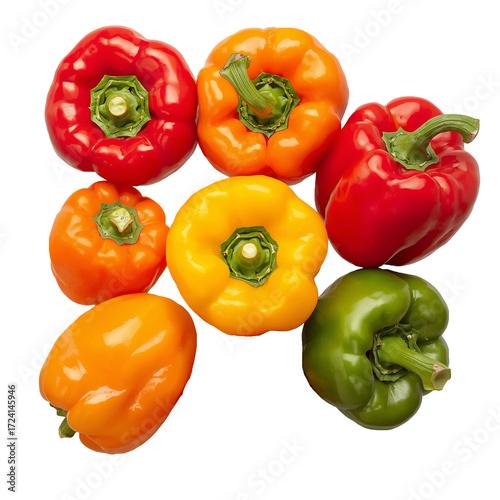 A set of vibrant colored bell peppers including red, orange, yellow, and green, isolated