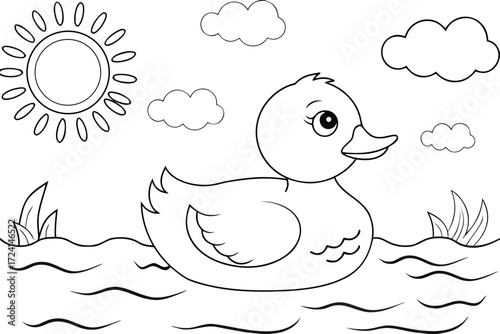 Coloring page of a cute duckling swimming in water under a smiling sun and clouds bird animal
