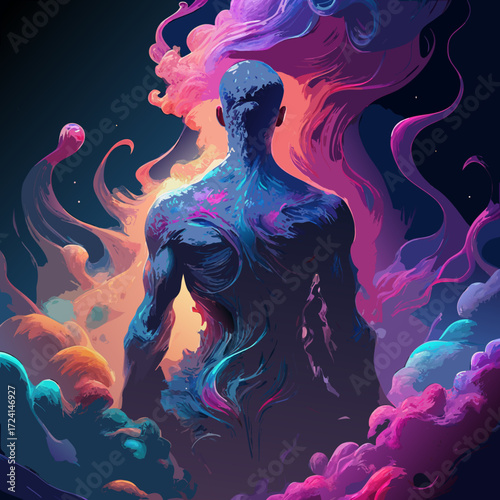  human form dissolving into vibrant smoke tendrils