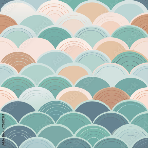 Abstract vector seamless pattern of mermaid or fish scales in a soft, modern color palette featuring blush pink, light blue, and earth tones.