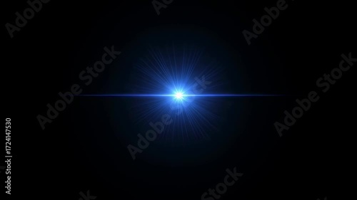 Blue light lens flare animation with horizontal light and radial beams on a dark background for cinematic effects