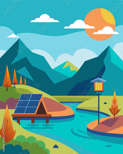 A serene lake in the middle of a picturesque nature reserve has a solarpowered charging point on its shore providing visitors with a unique charging experience.. Vector illustration